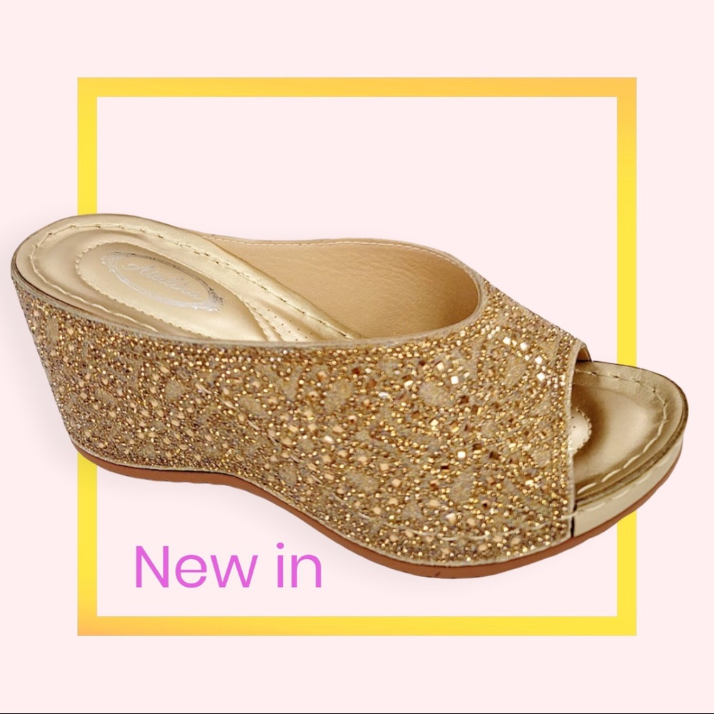 Restock! Italina Gold Metallic Rhinestone Embellished Wedge